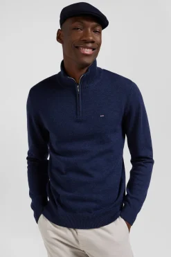 Pull col camionneur zippé en laine et coton bleu foncé coupe Regular