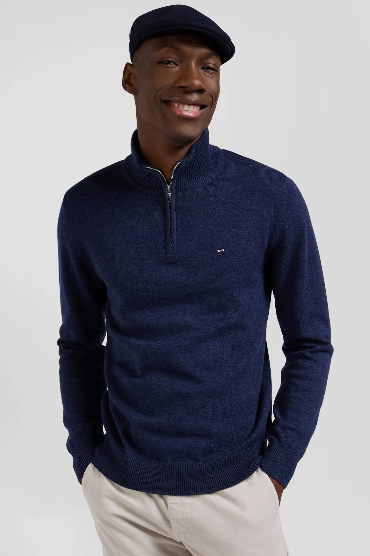 Pull col camionneur zippé en laine et coton bleu foncé coupe Regular