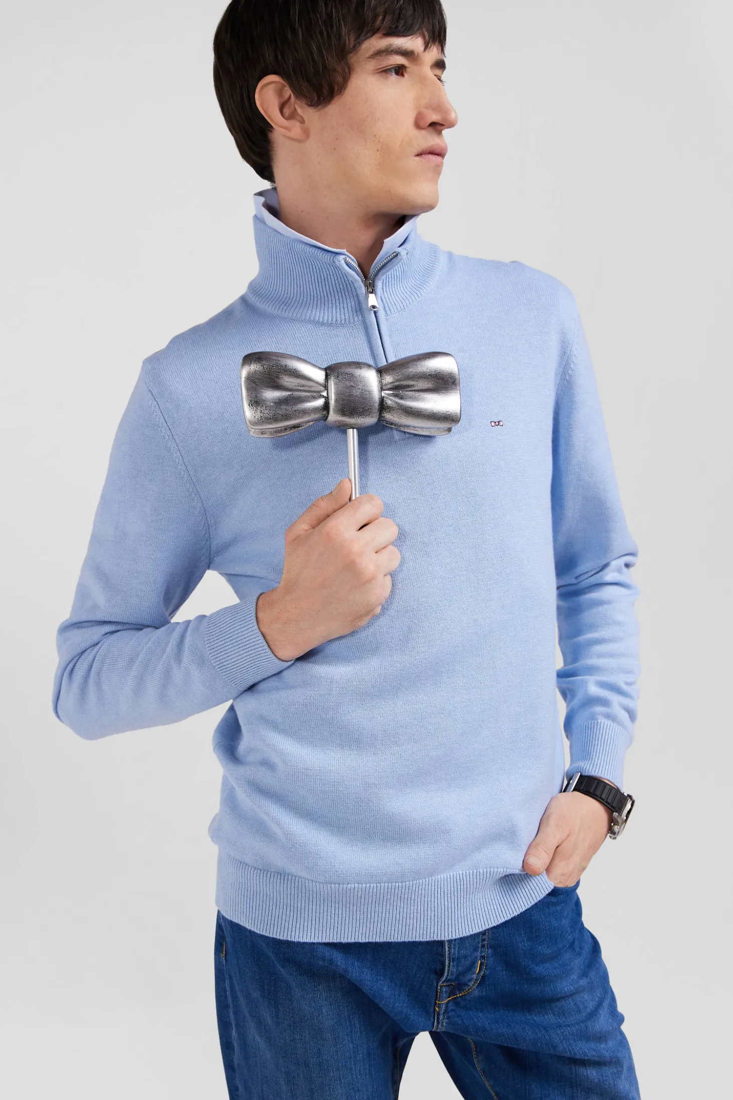Pull col camionneur zippé en laine et coton ciel coupe Regular