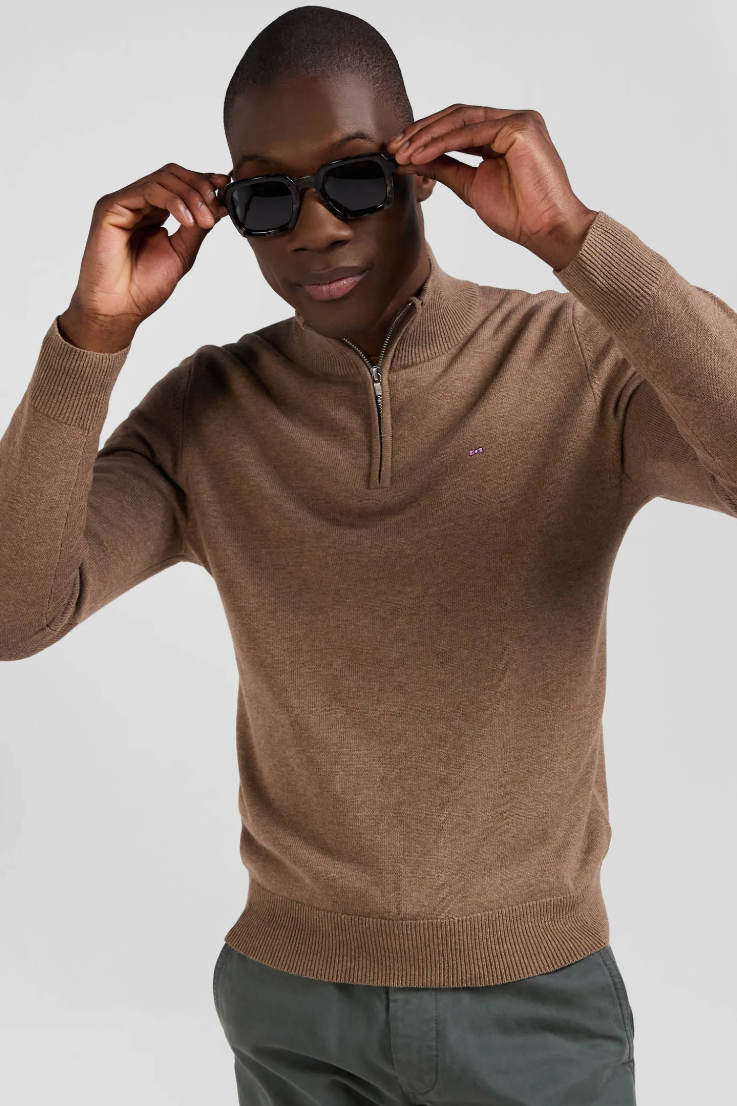 Pull col camionneur zippé en laine et coton marron coupe Regular