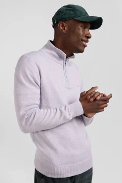 Pull col camionneur zippé en laine et coton gris coupe Regular