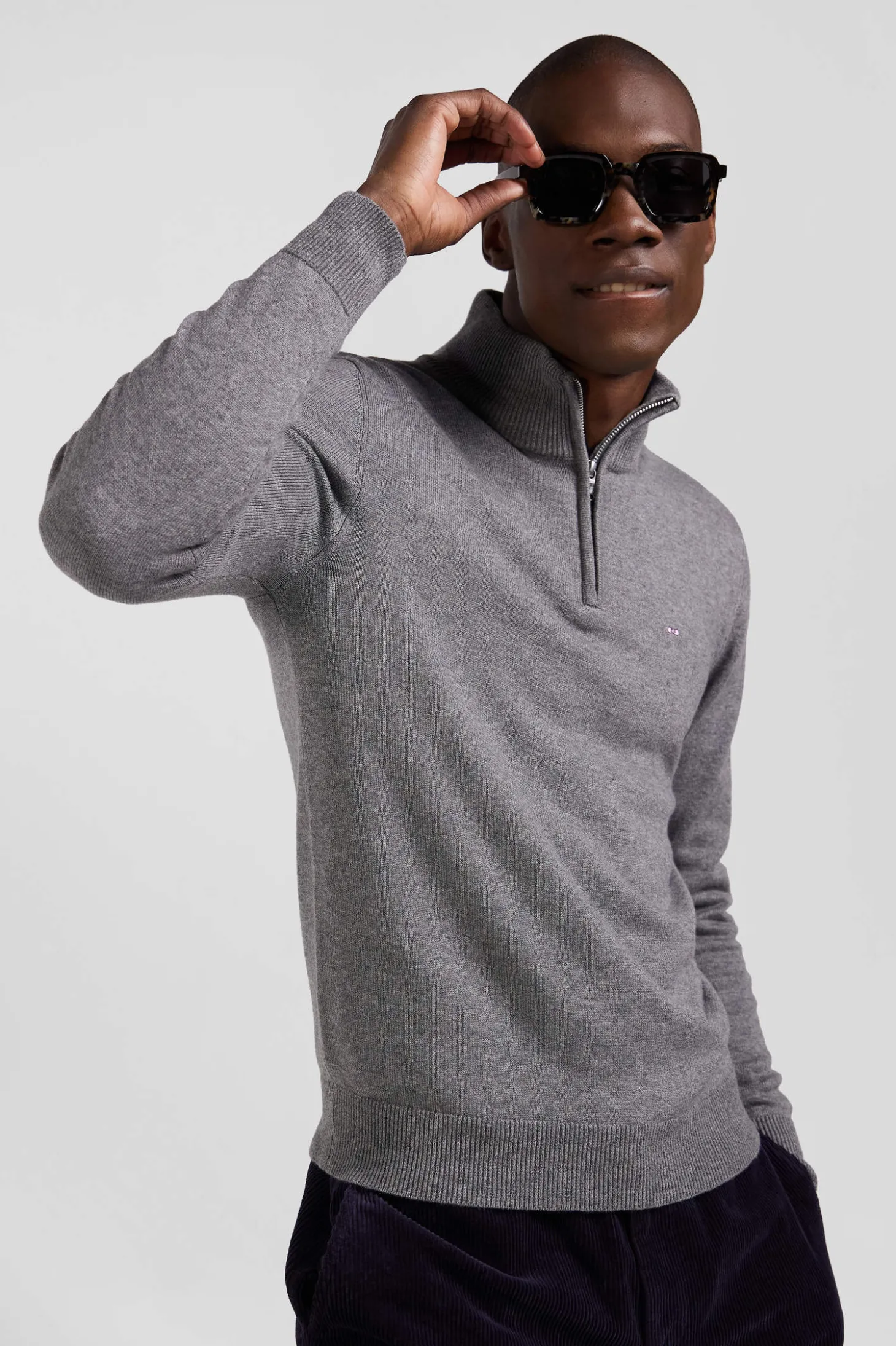 Pull col camionneur zippé en laine et coton gris clair coupe Regular