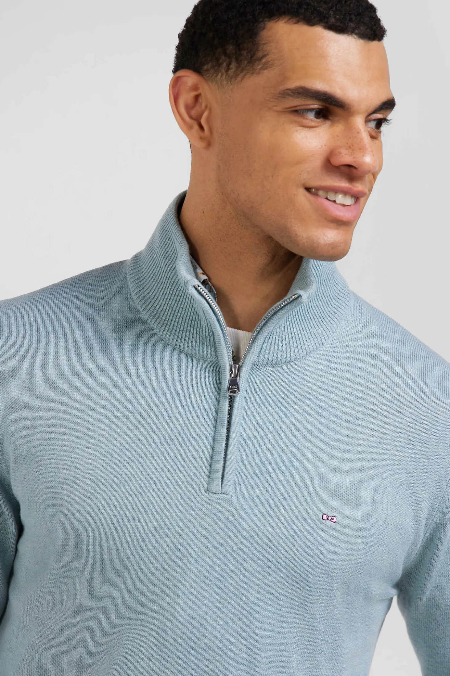 Pull col camionneur zippé en laine et coton vert coupe Regular