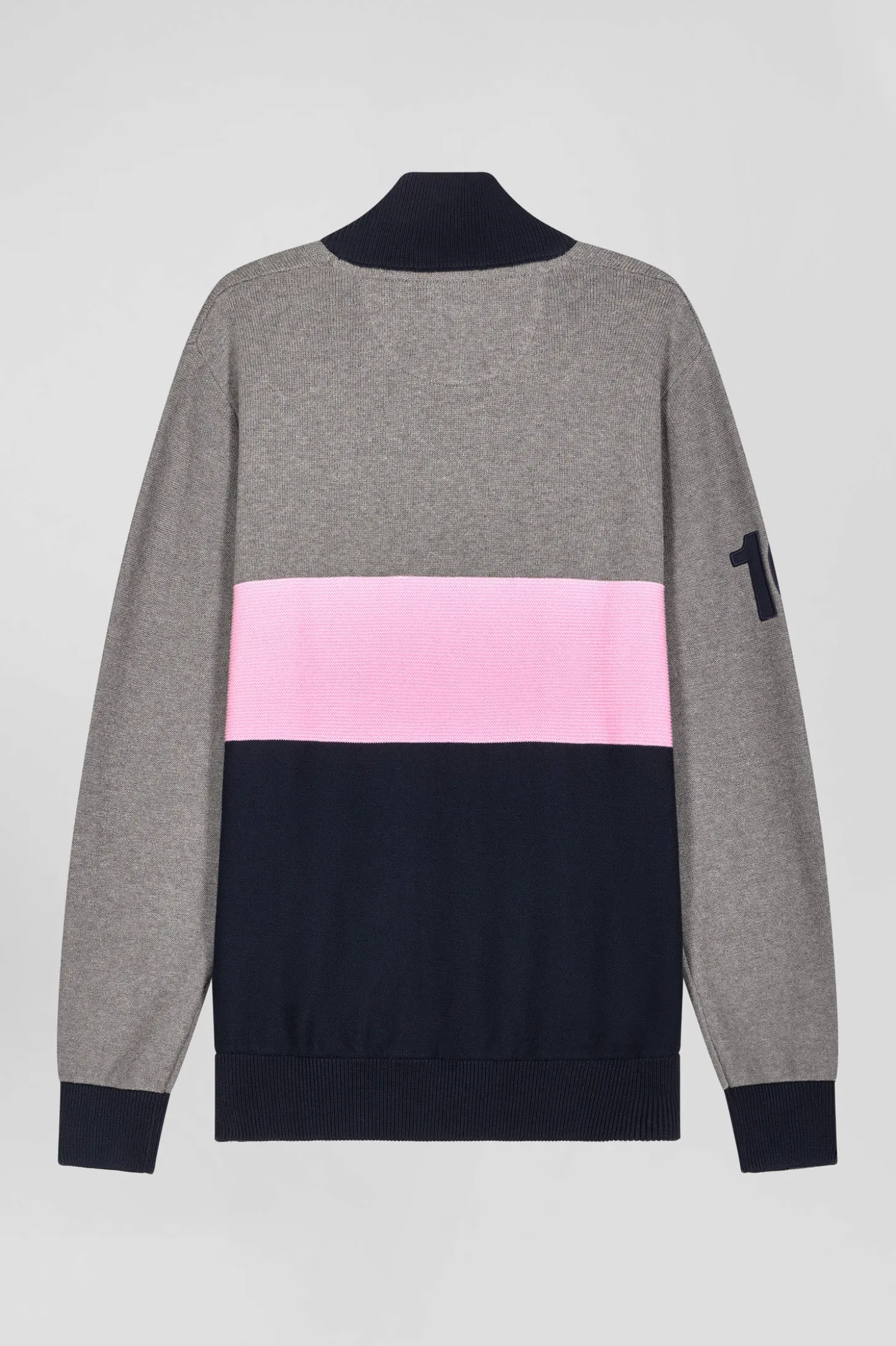 Pull col camionneur zippé colorblock en coton gris brodé coupe Regular