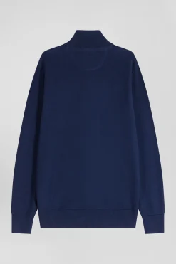 Pull col camionneur zippé uni en coton bleu foncé coupe Regular