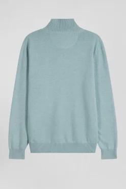 Pull col camionneur zippé en laine et coton vert coupe Regular
