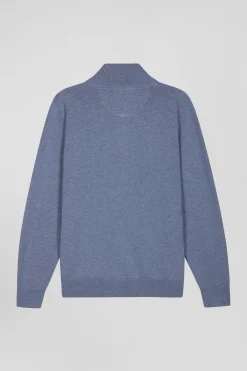Pull col camionneur zippé en laine et coton bleu clair coupe Regular