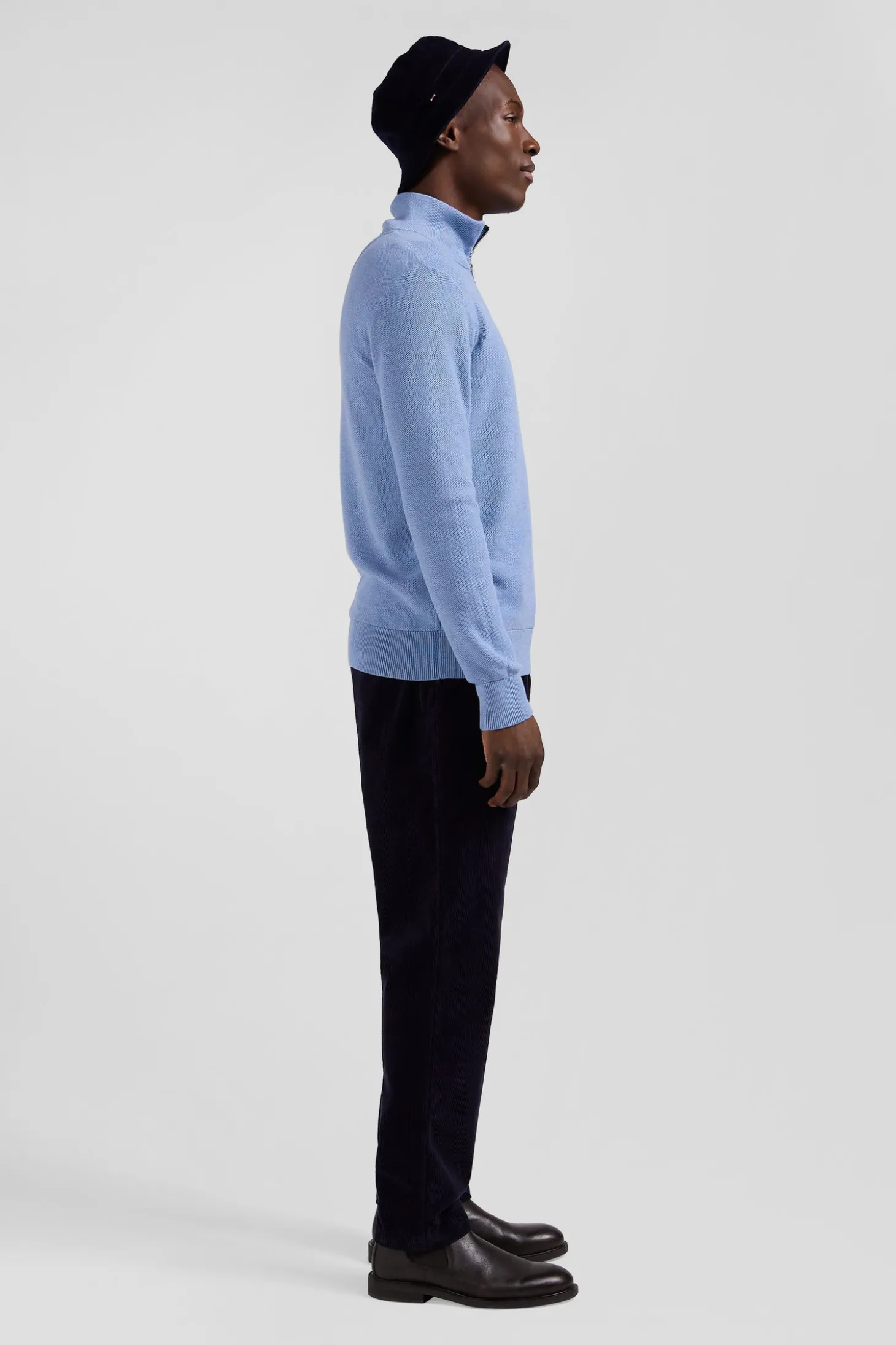 Pull col camionneur zippé uni en coton ciel coupe Regular