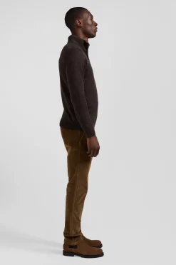 Pull col camionneur zippé en laine et coton brun coupe Regular
