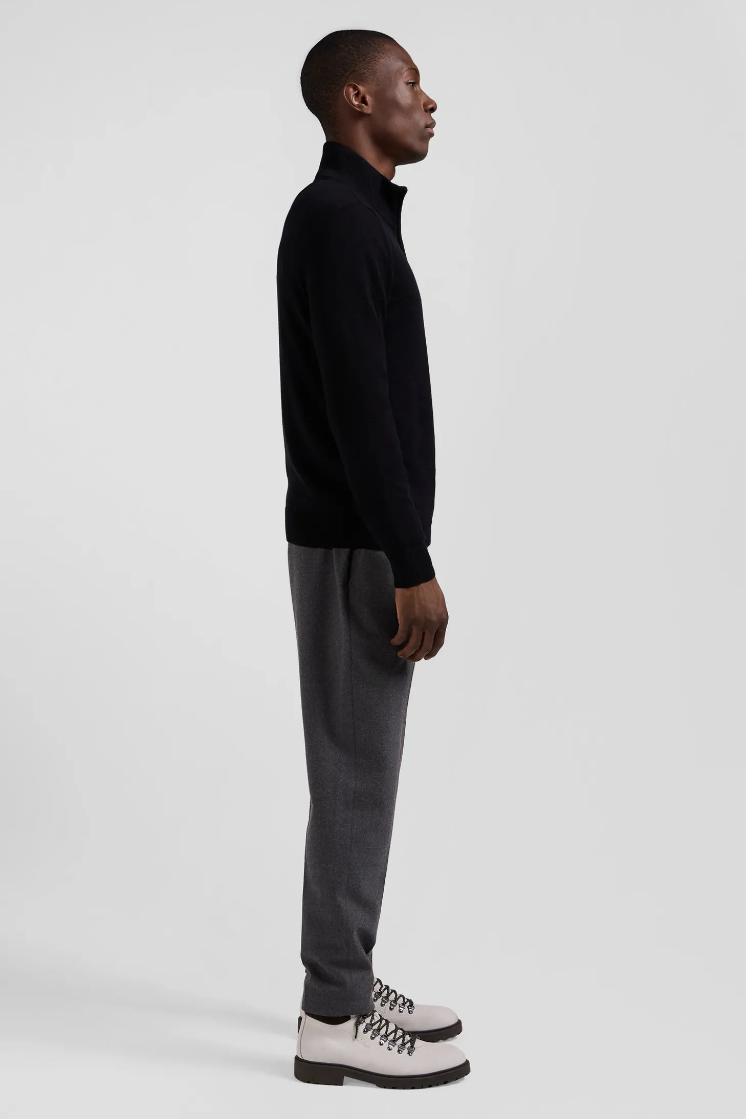 Pull col camionneur zippé en laine et coton noir coupe Regular