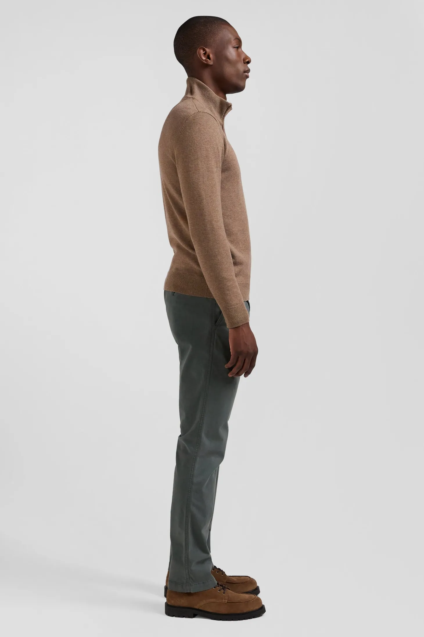 Pull col camionneur zippé en laine et coton marron coupe Regular