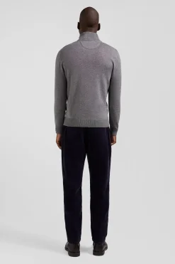 Pull col camionneur zippé en laine et coton gris clair coupe Regular