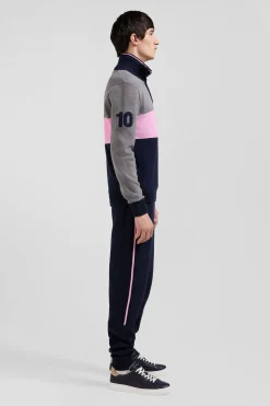 Pull col camionneur zippé colorblock en coton gris brodé coupe Regular
