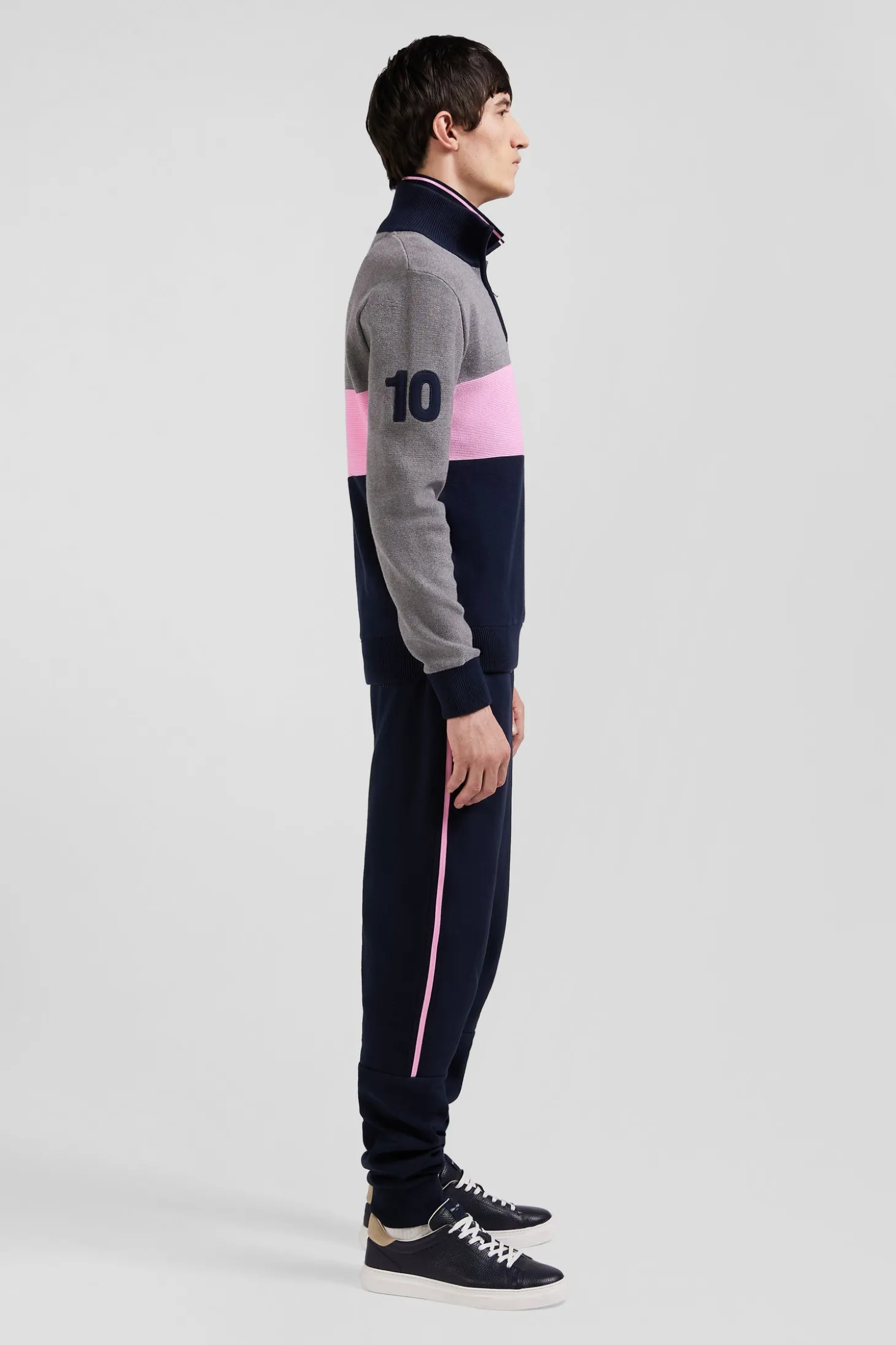 Pull col camionneur zippé colorblock en coton gris brodé coupe Regular