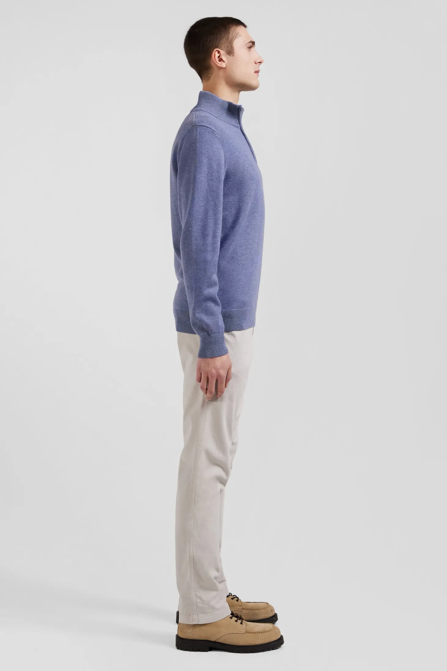 Pull col camionneur zippé en laine et coton bleu clair coupe Regular