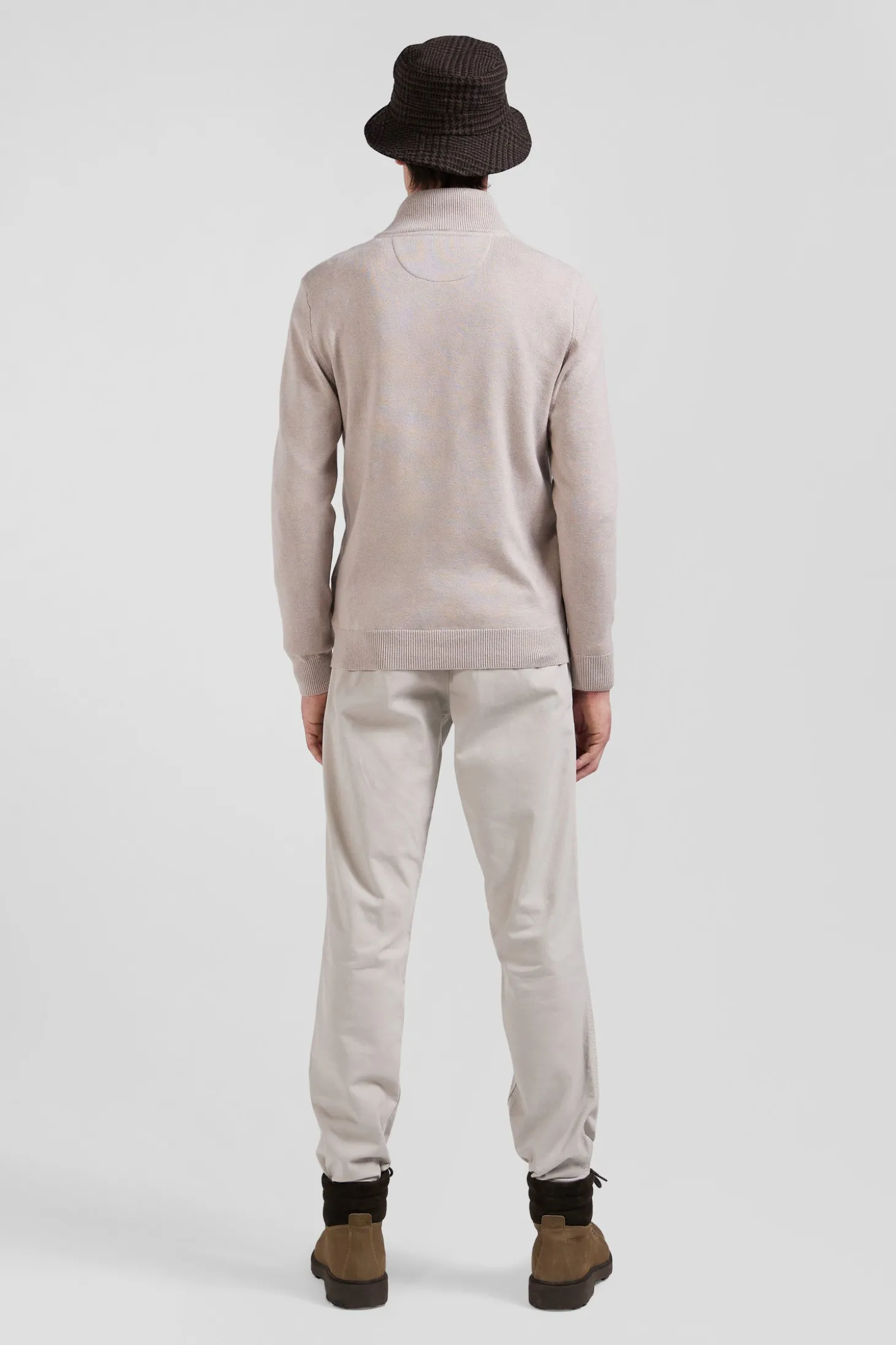 Pull col camionneur zippé en laine et coton beige coupe Regular