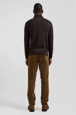 Pull col camionneur zippé en laine et coton brun coupe Regular
