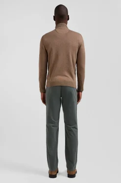 Pull col camionneur zippé en laine et coton marron coupe Regular