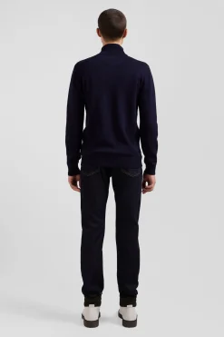 Pull col camionneur zippé en laine et coton bleu marine coupe Regular