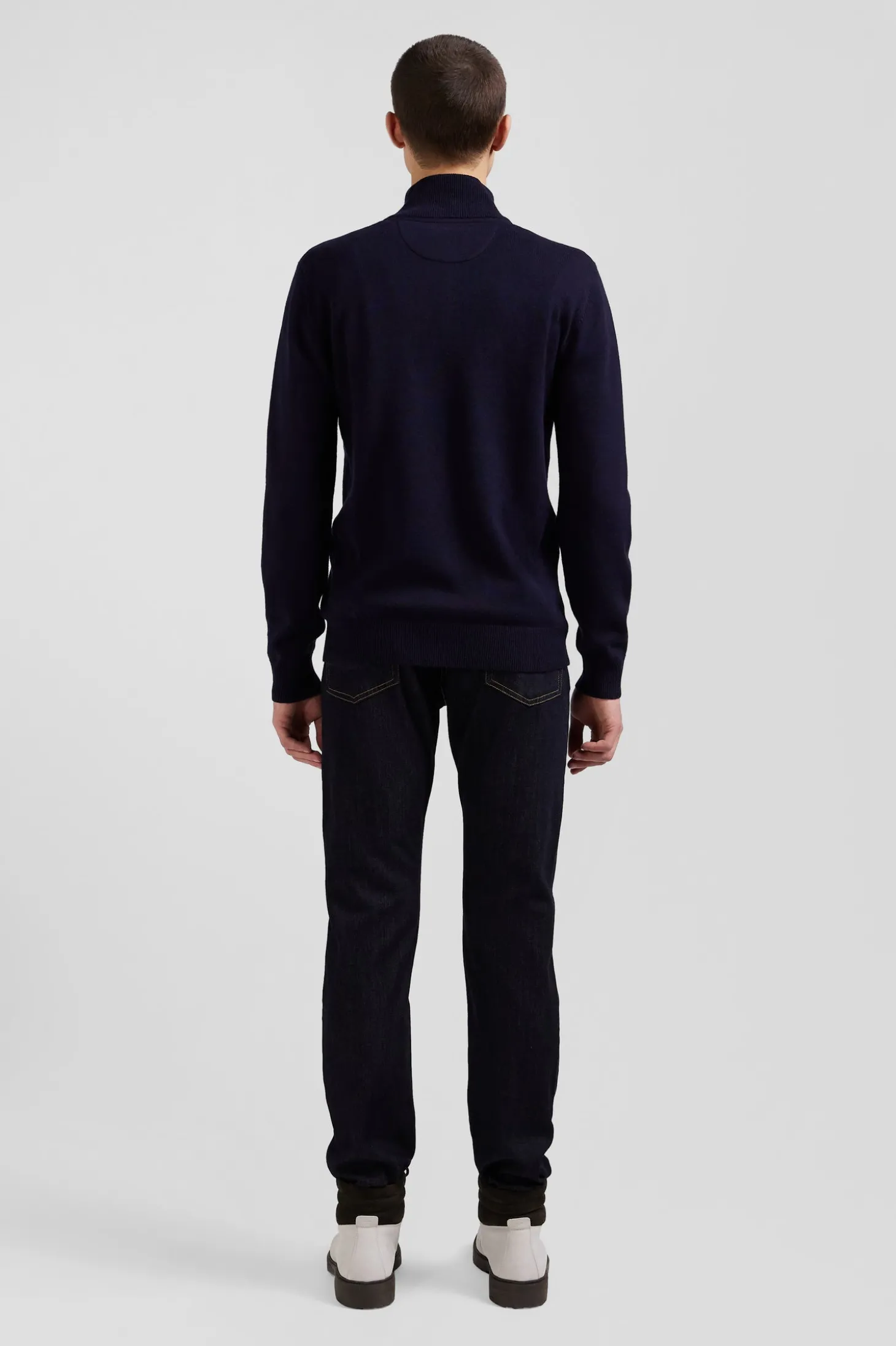 Pull col camionneur zippé en laine et coton bleu marine coupe Regular