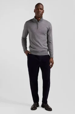 Pull col camionneur zippé en laine et coton gris clair coupe Regular