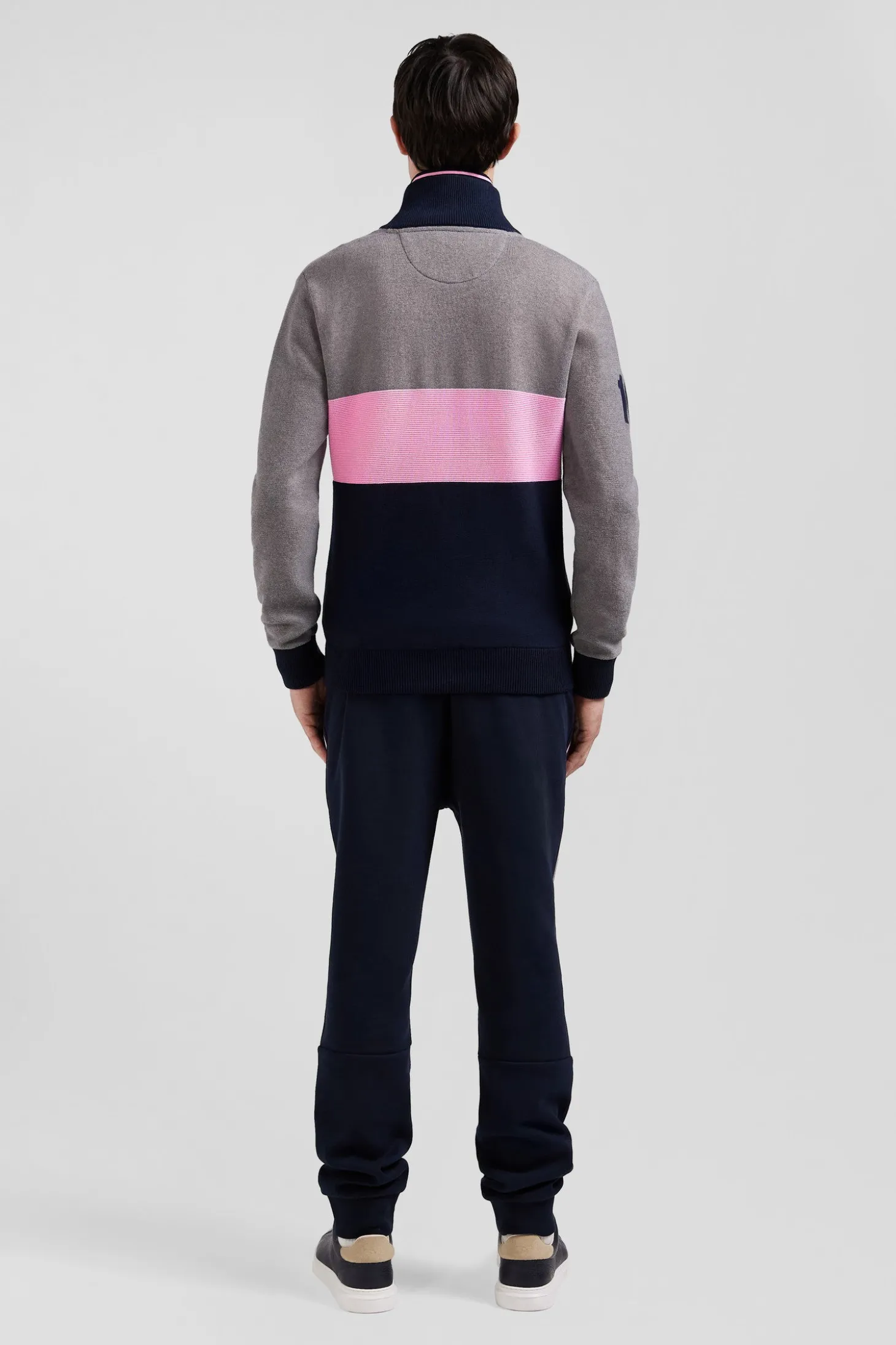 Pull col camionneur zippé colorblock en coton gris brodé coupe Regular