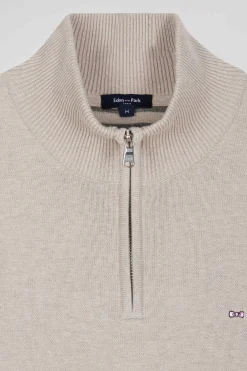 Pull col camionneur zippé en laine et coton beige coupe Regular