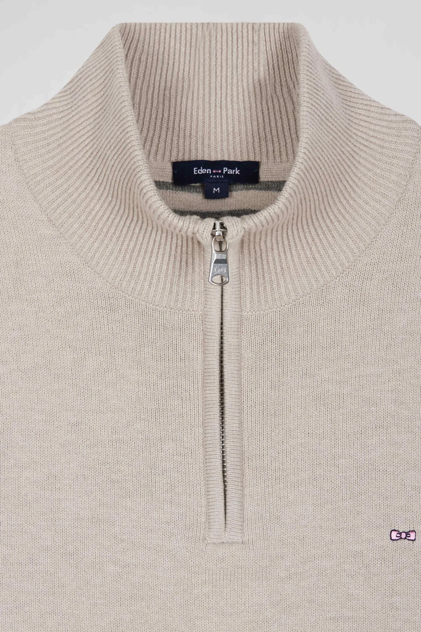 Pull col camionneur zippé en laine et coton beige coupe Regular
