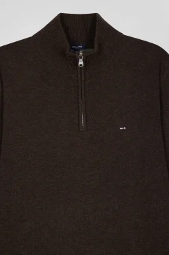 Pull col camionneur zippé en laine et coton brun coupe Regular