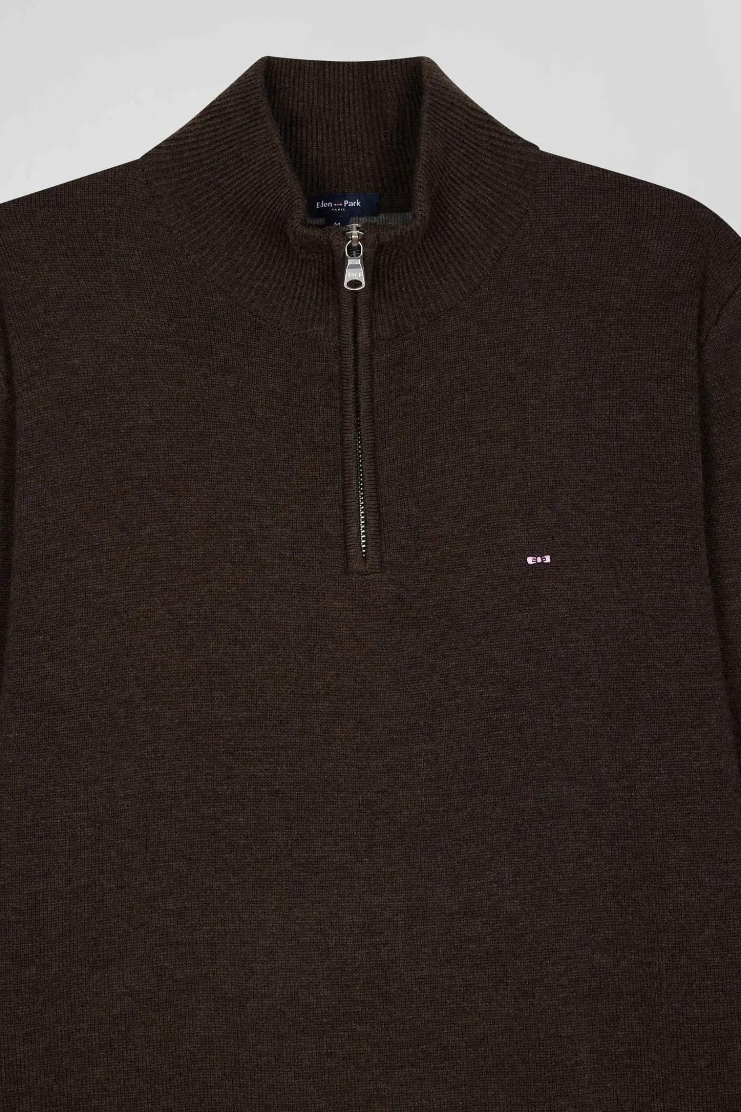Pull col camionneur zippé en laine et coton brun coupe Regular
