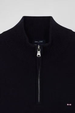 Pull col camionneur zippé en laine et coton bleu marine coupe Regular