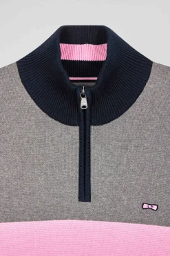 Pull col camionneur zippé colorblock en coton gris brodé coupe Regular