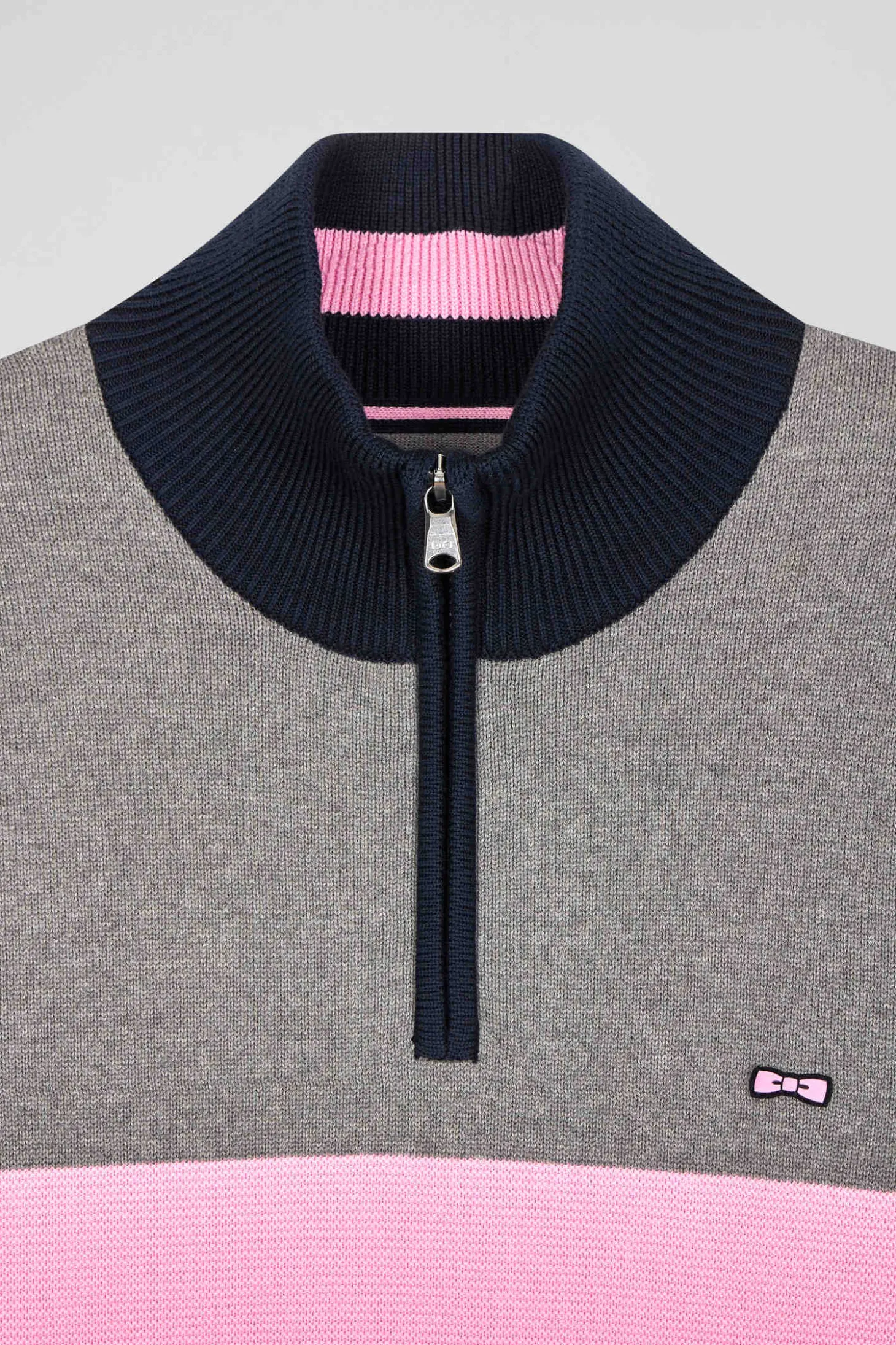 Pull col camionneur zippé colorblock en coton gris brodé coupe Regular