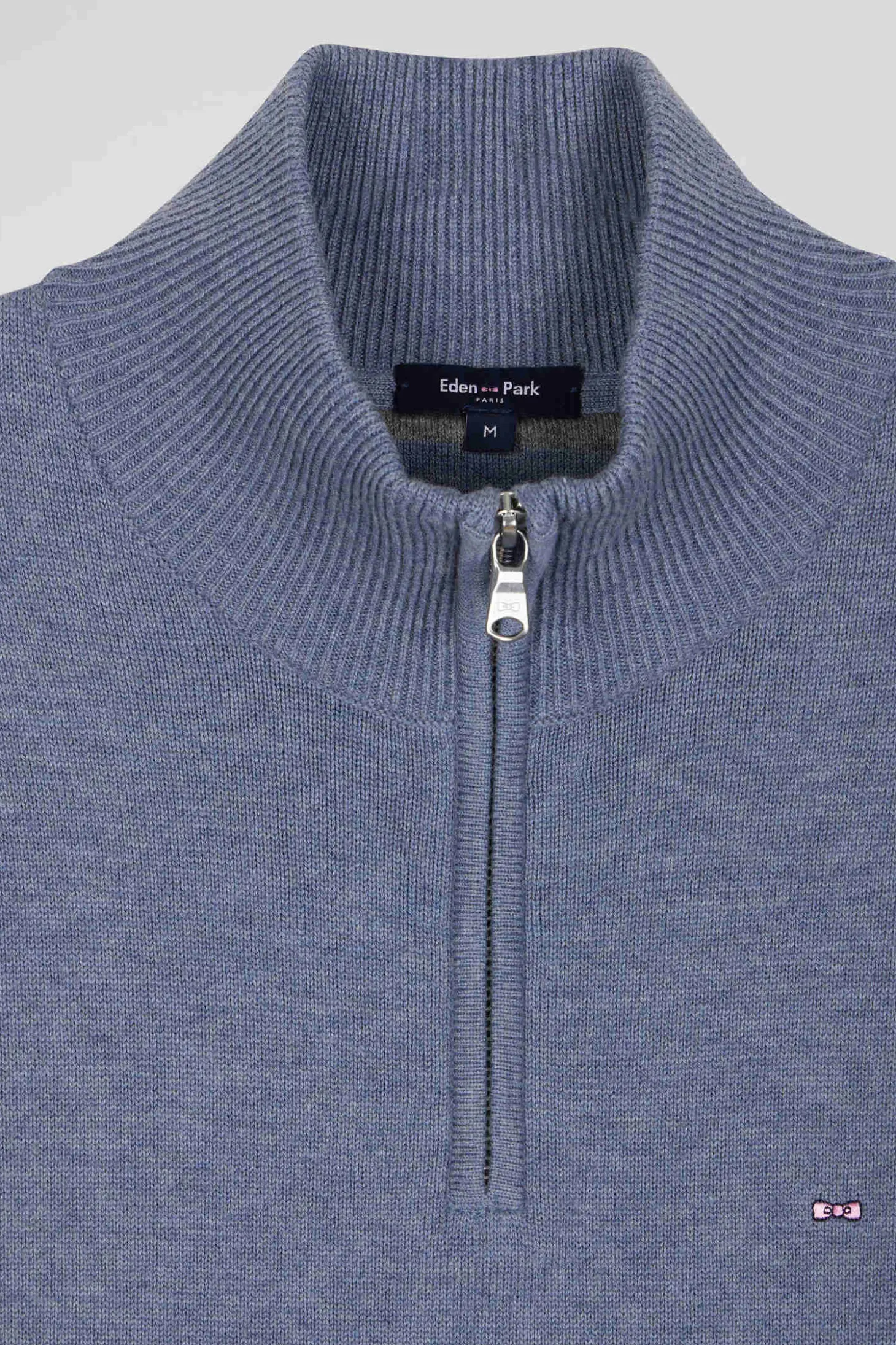 Pull col camionneur zippé en laine et coton bleu clair coupe Regular