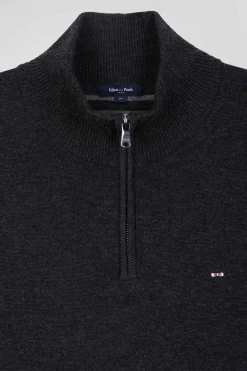 Pull col camionneur zippé en laine et coton gris anthracite coupe Regular