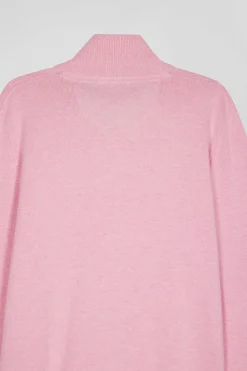 Pull col camionneur zippé en laine et coton rose coupe Regular