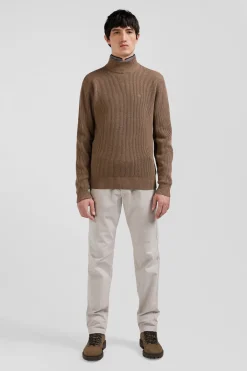 Pull col cheminée en laine et coton marron coupe Regular