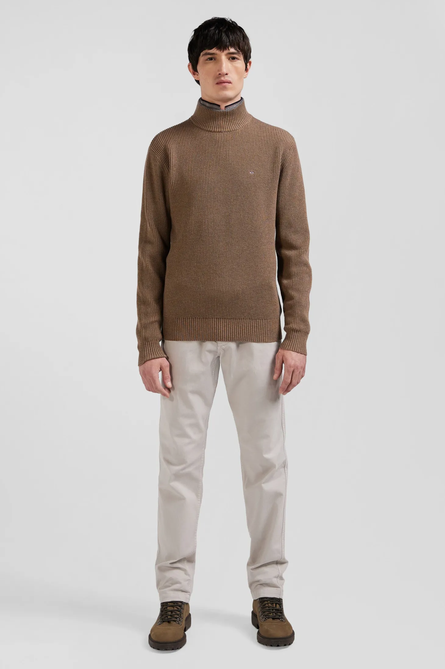 Pull col cheminée en laine et coton marron coupe Regular