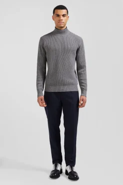 Pull col cheminée en laine et coton gris coupe Regular