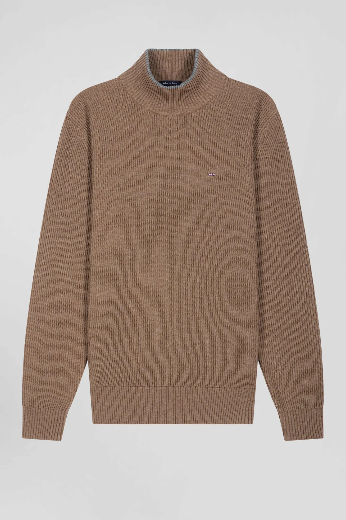 Pull col cheminée en laine et coton marron coupe Regular