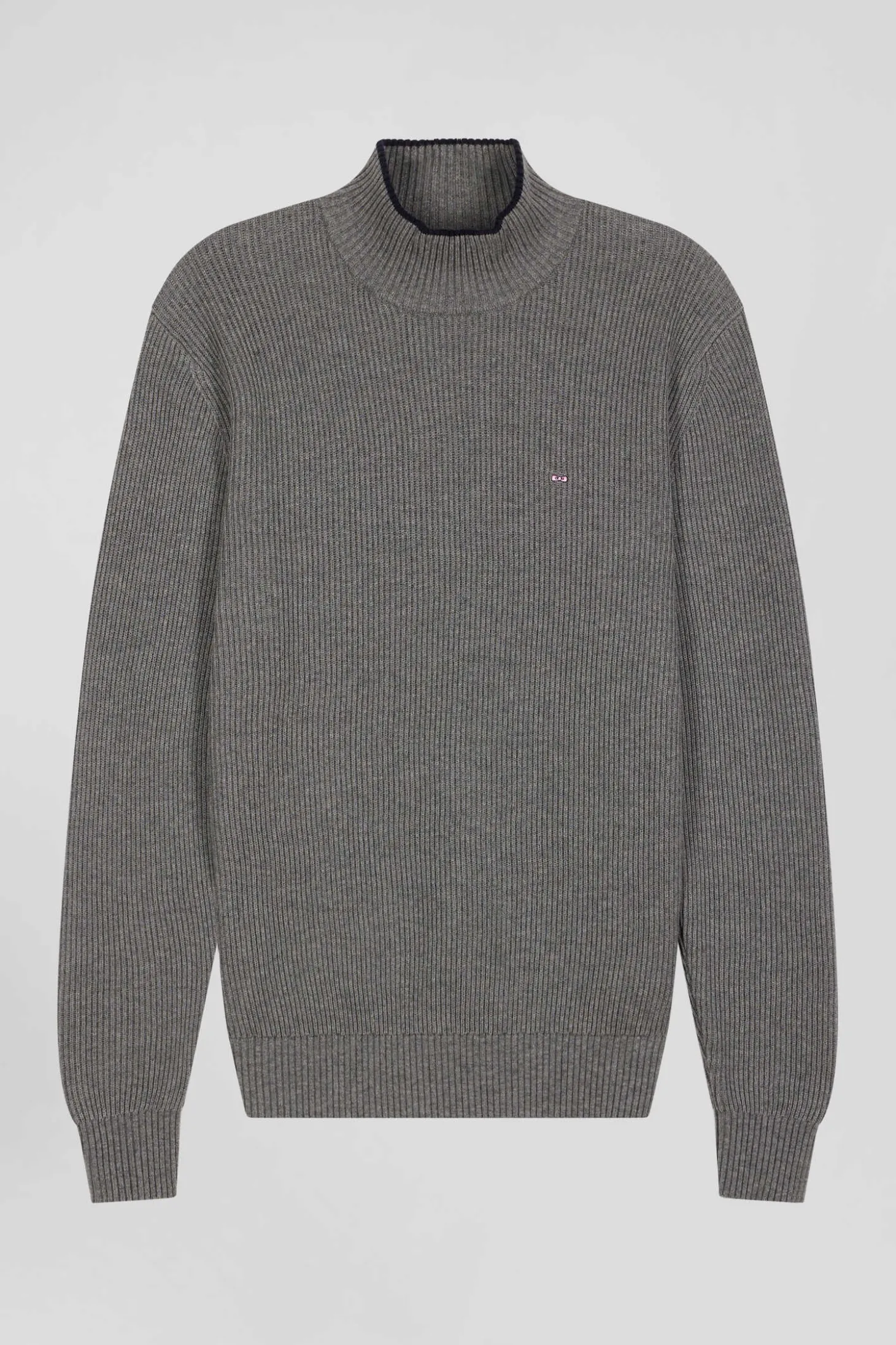 Pull col cheminée en laine et coton gris coupe Regular