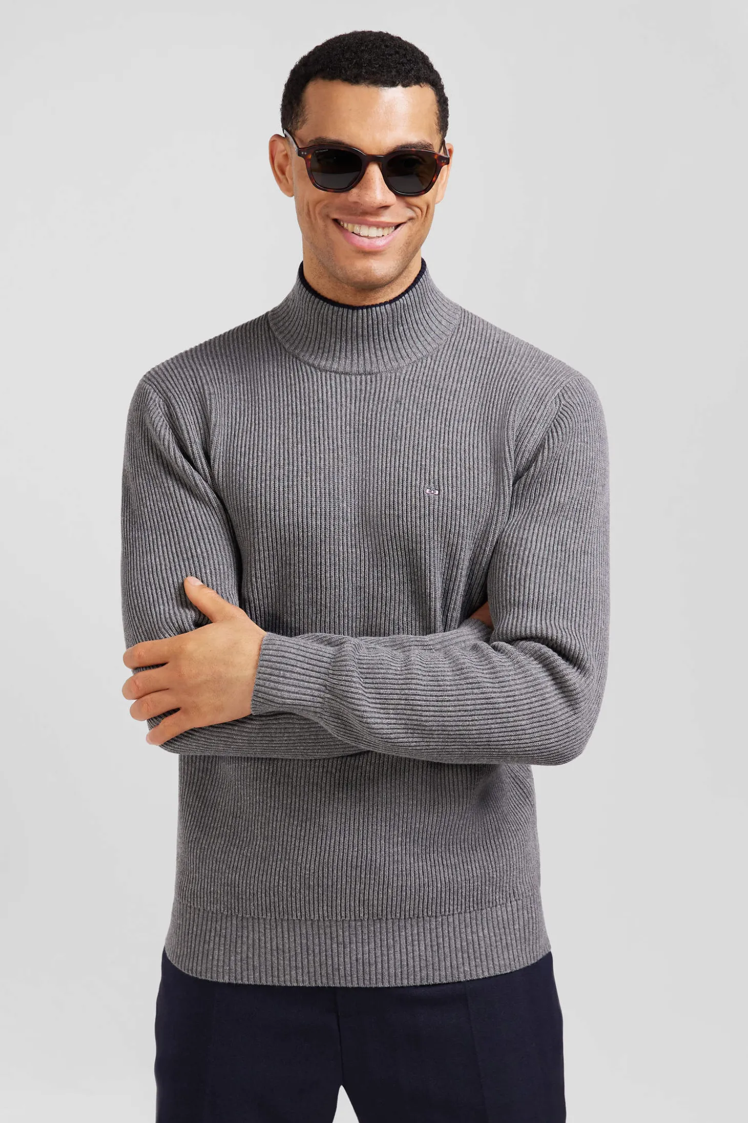 Pull col cheminée en laine et coton gris coupe Regular