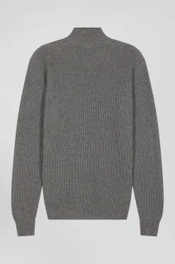 Pull col cheminée en laine et coton gris coupe Regular