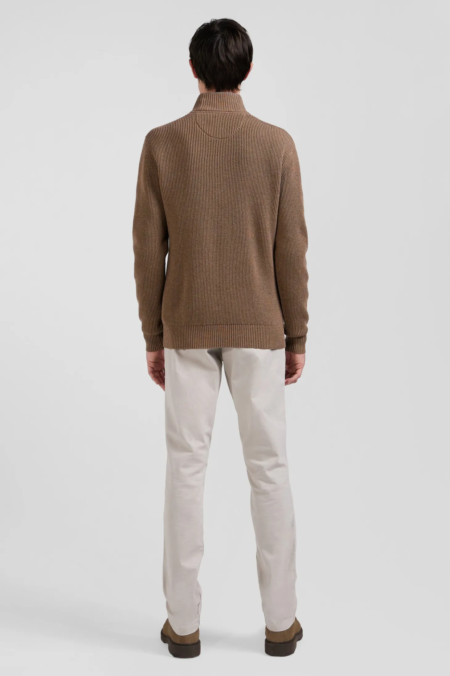 Pull col cheminée en laine et coton marron coupe Regular