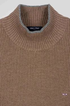 Pull col cheminée en laine et coton marron coupe Regular
