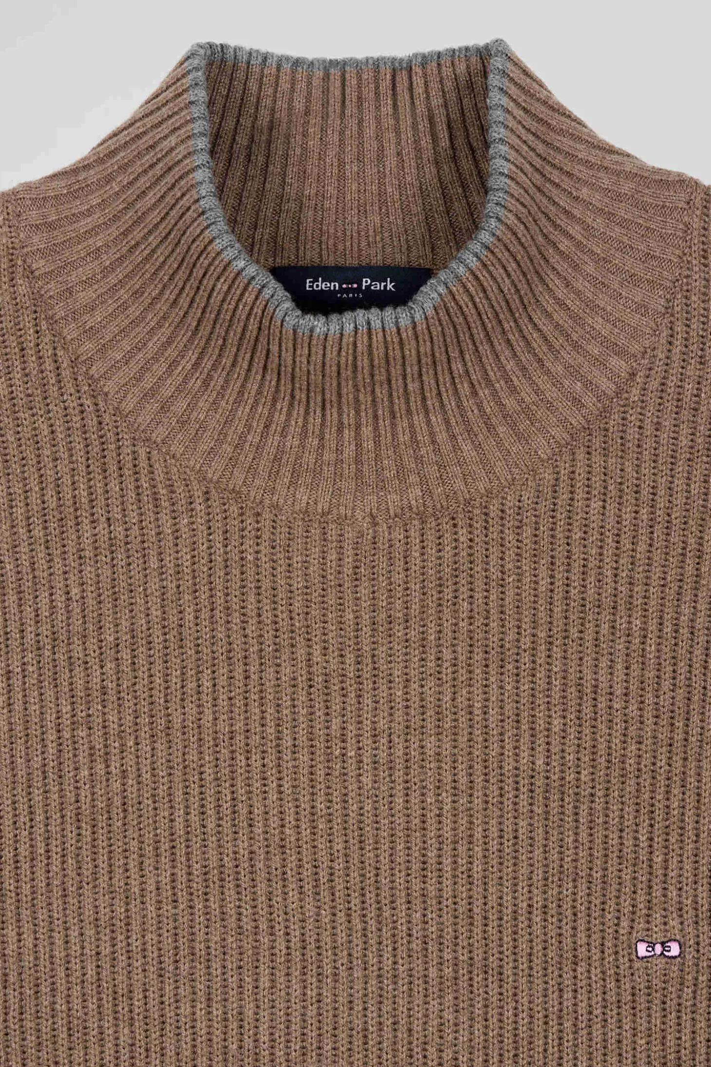 Pull col cheminée en laine et coton marron coupe Regular