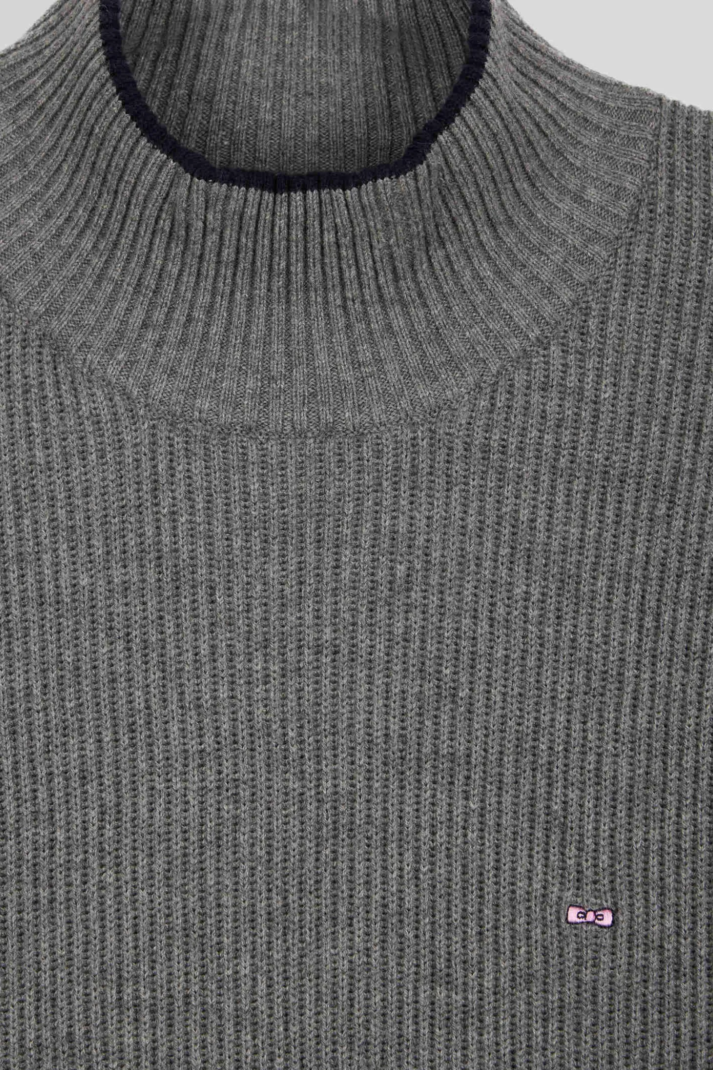 Pull col cheminée en laine et coton gris coupe Regular