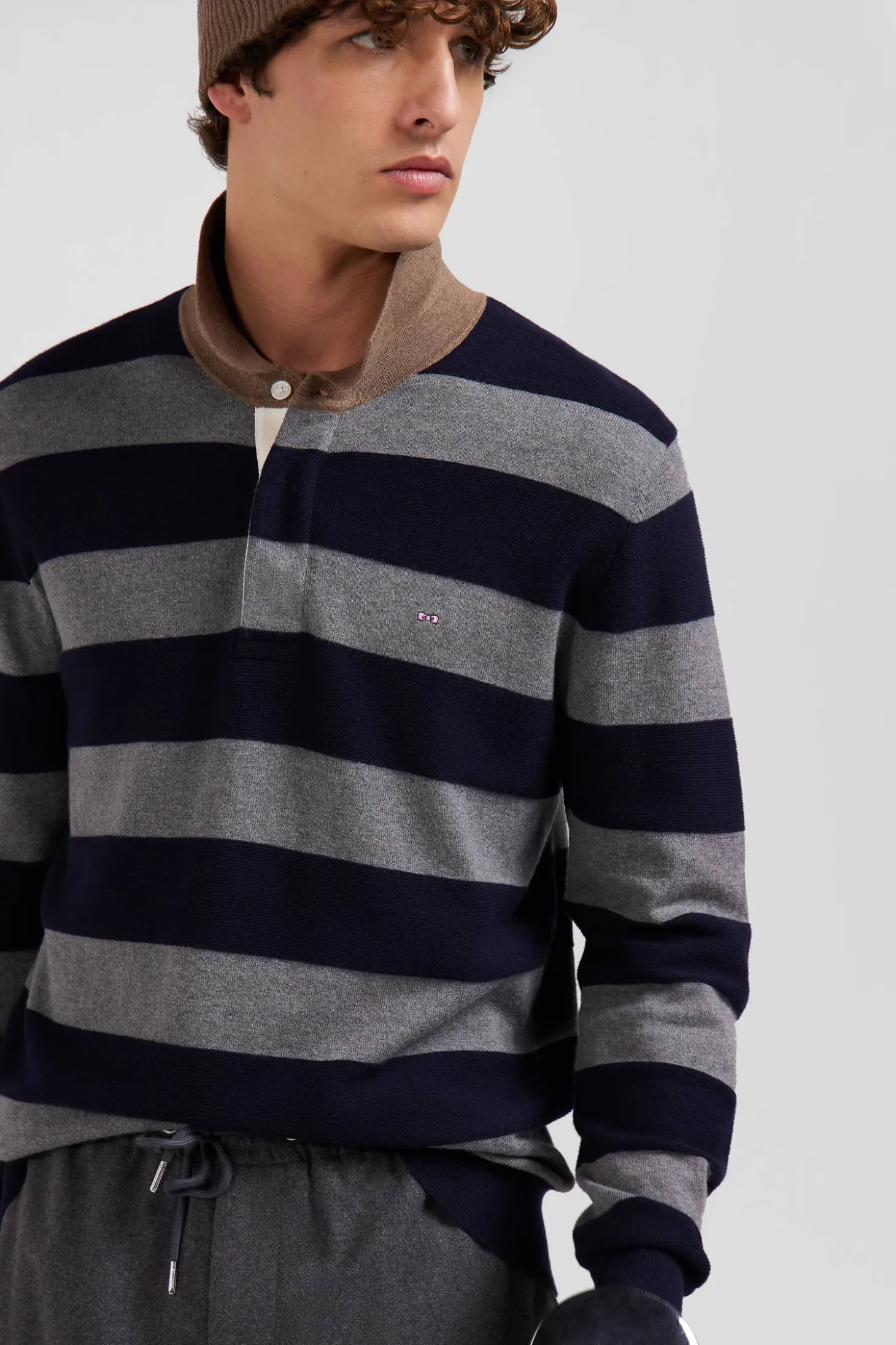 Pull col maillot cerclé en coton et cachemire bleu marine coupe Regular