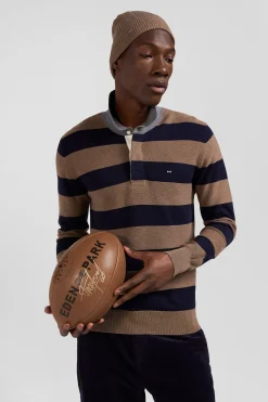 Pull col maillot cerclé en coton et cachemire marron coupe Regular