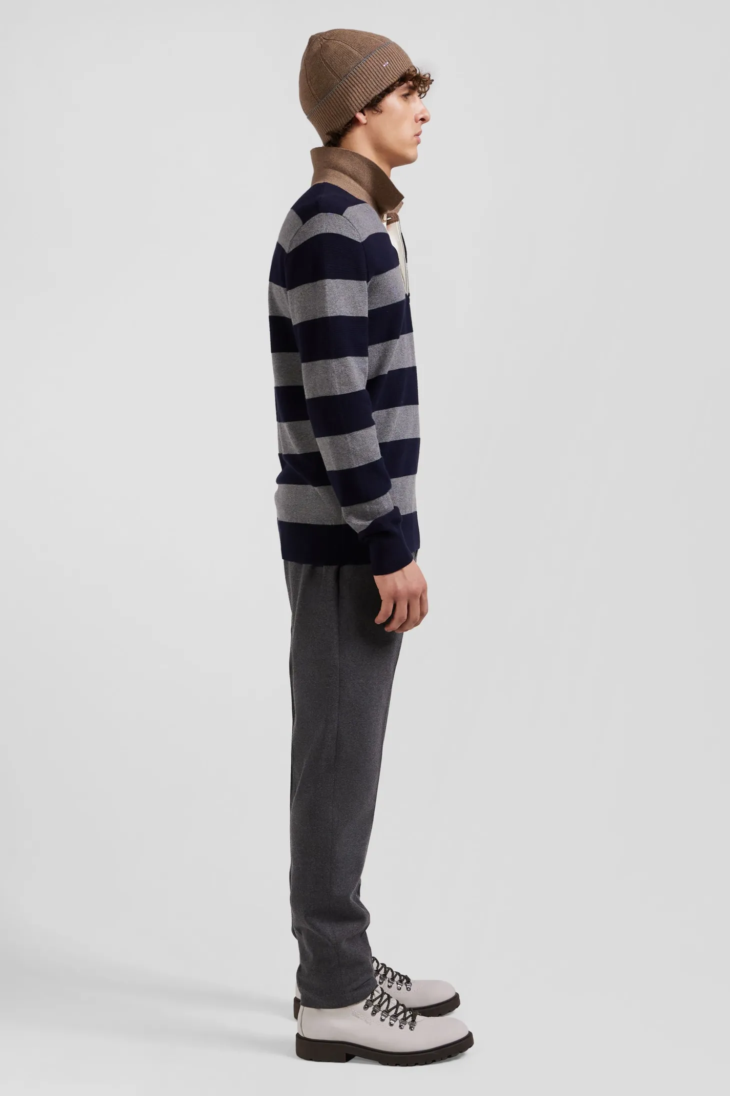 Pull col maillot cerclé en coton et cachemire bleu marine coupe Regular